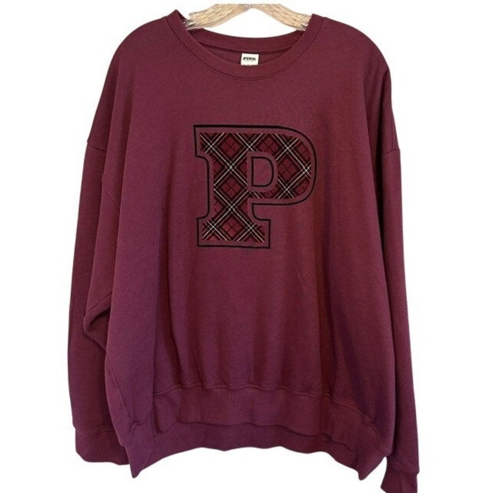 NWT PINK by Victoria's Secret Maroon Purple‎ Crewneck Plaid Sweatshirt XXL $59